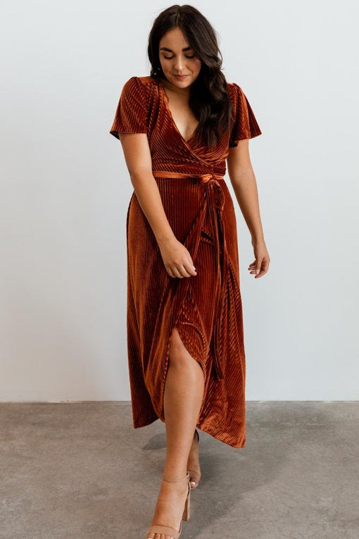 Andi Ribbed Velvet Wrap Dress | Copper ...